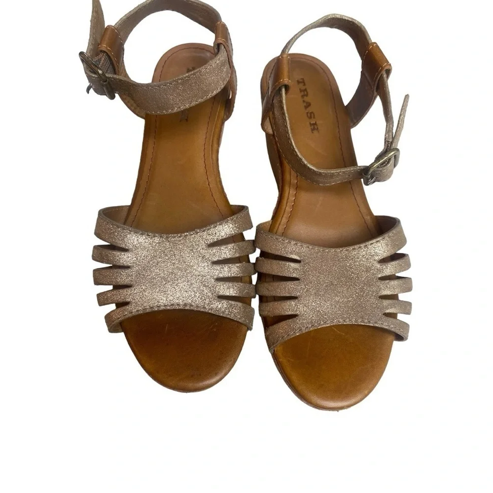 Trask Taupe Glittery Gold Strappy Platforms Leather Wedge Heel |  Size: 8
